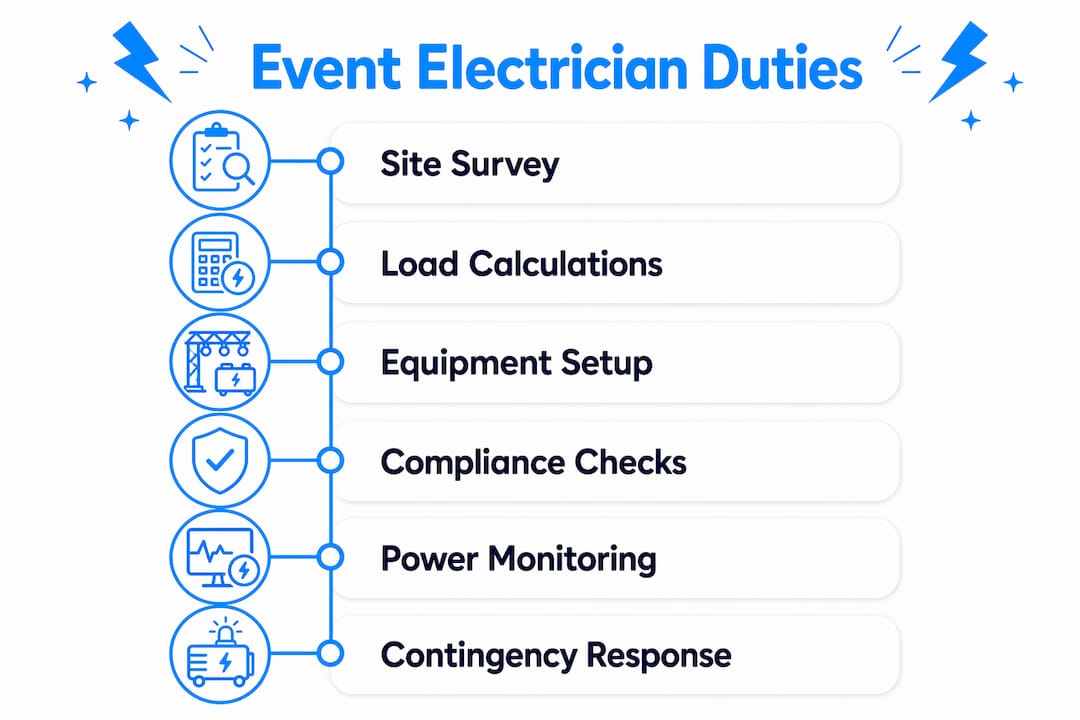 Infographic showing key steps of event electrician duties at weddings