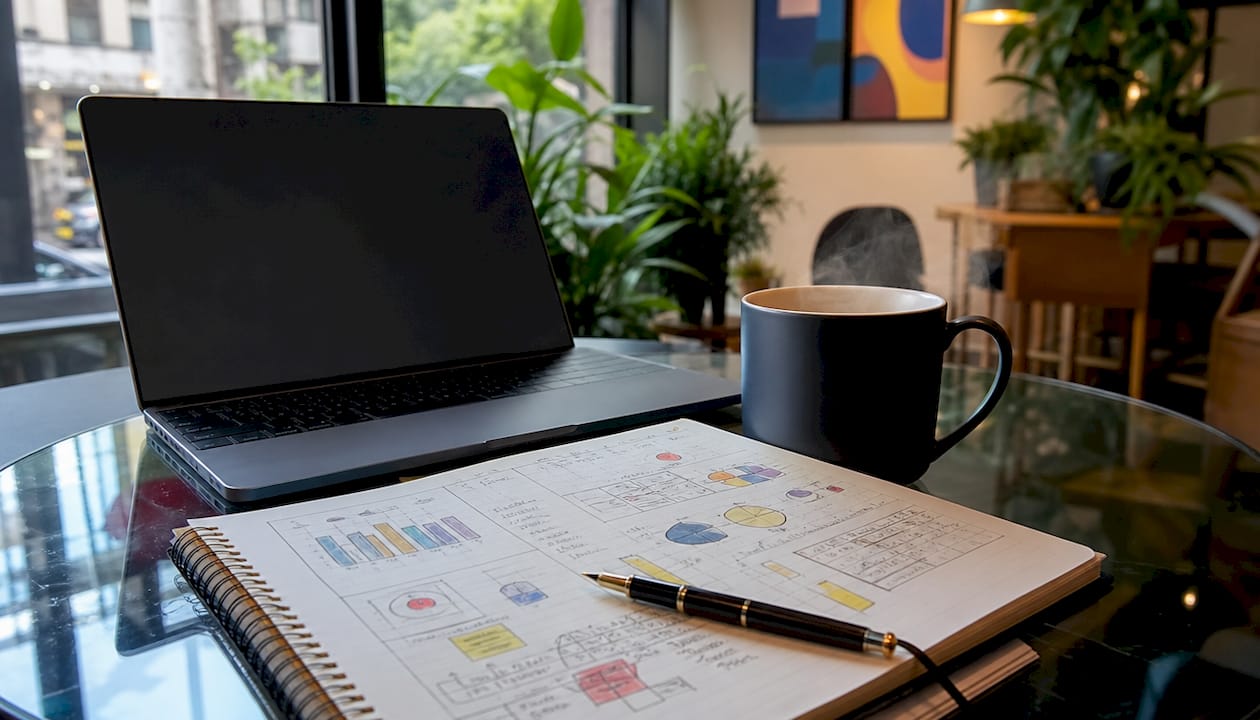 Competitor analysis notes on desk in home office