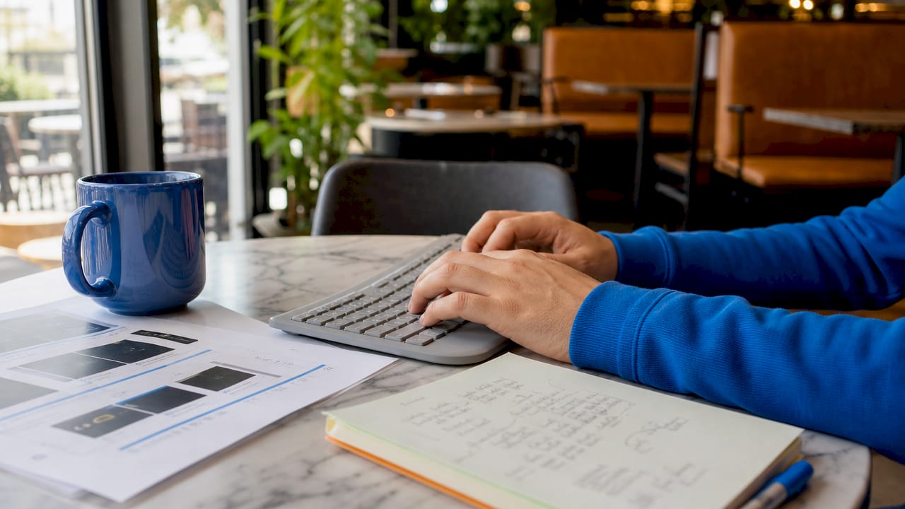 Hands typing on keyboard with API reference sheets