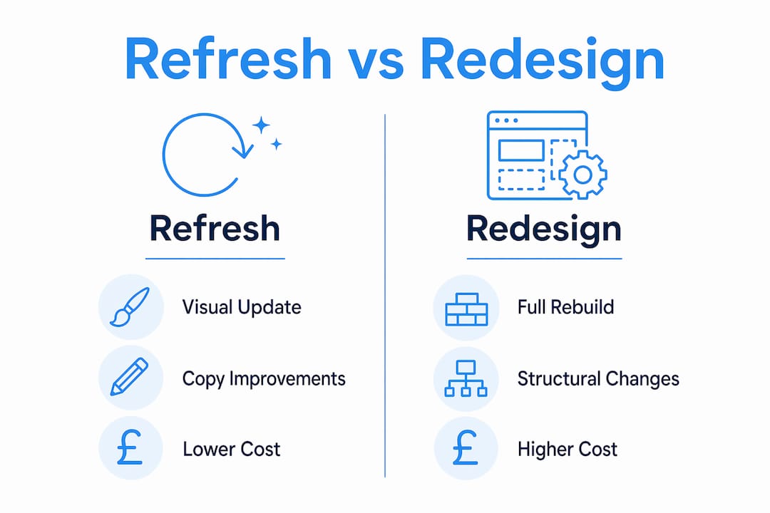 Infographic comparing website refresh and redesign approaches