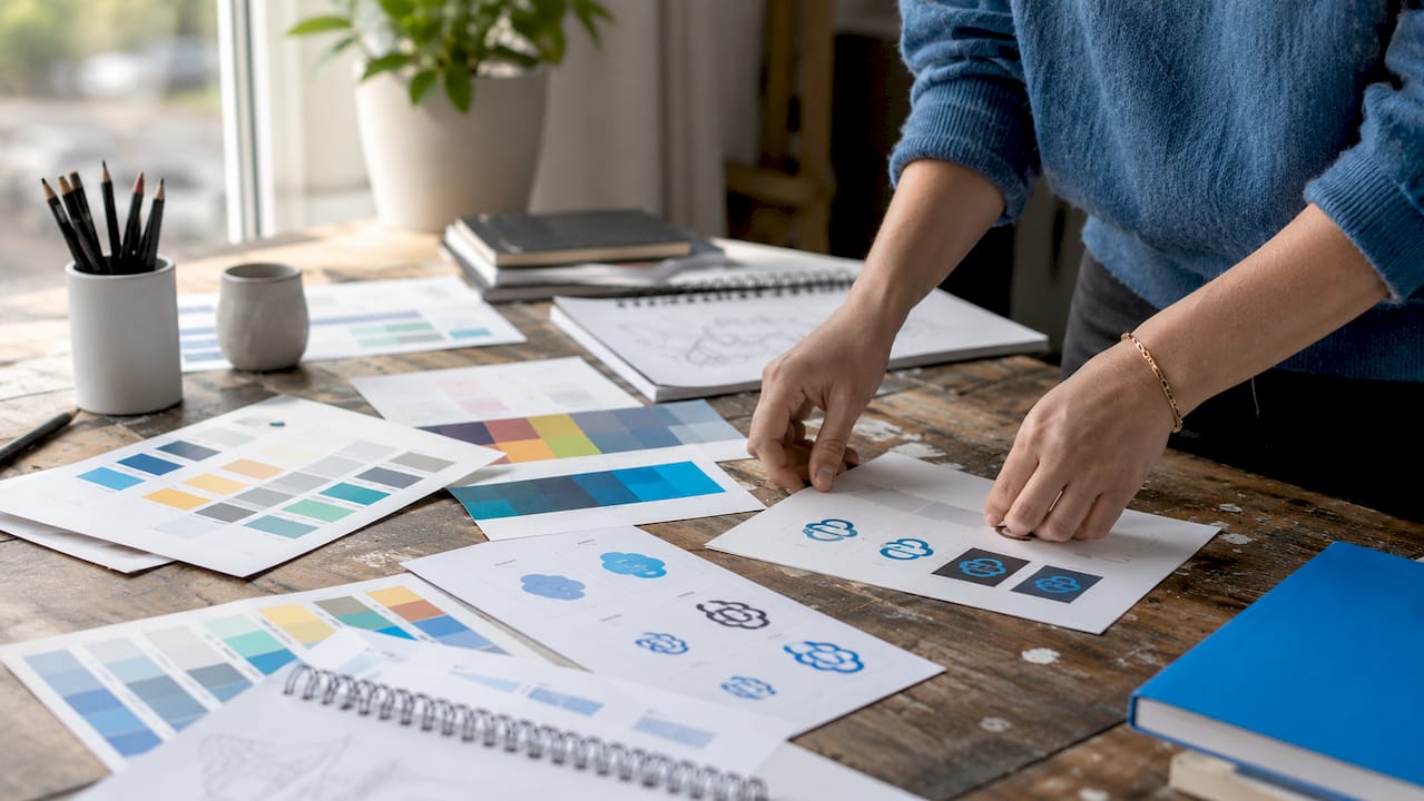 Hands adjusting color swatches on branding table