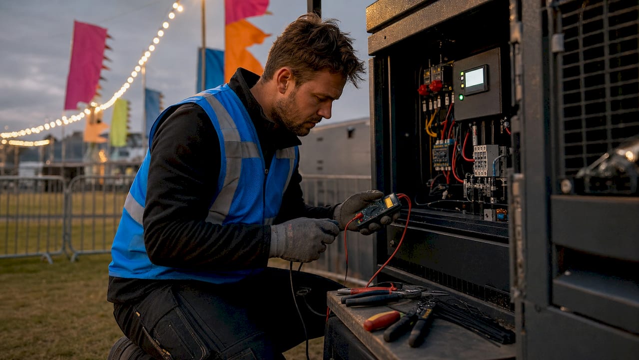 Electrical contractor inspecting backup generator at venue