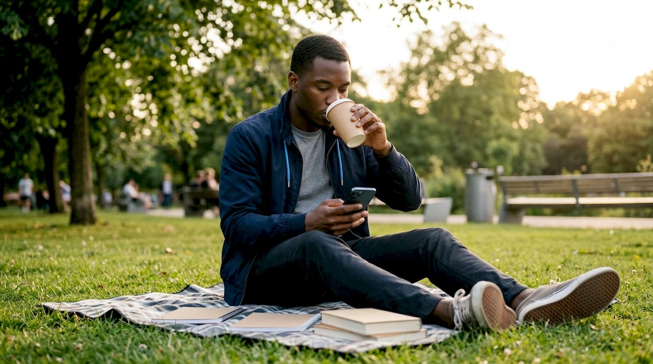 Man using phone for appointment reminders in cafe