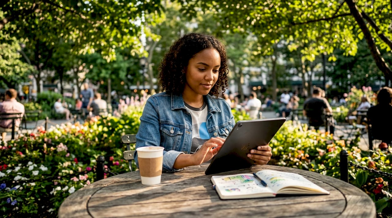 Hands holding tablet testing website speed outdoors