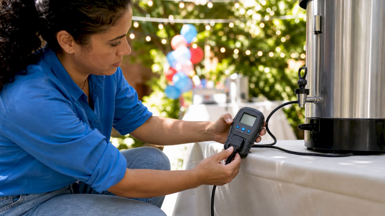Electrician measuring wattage of catering equipment