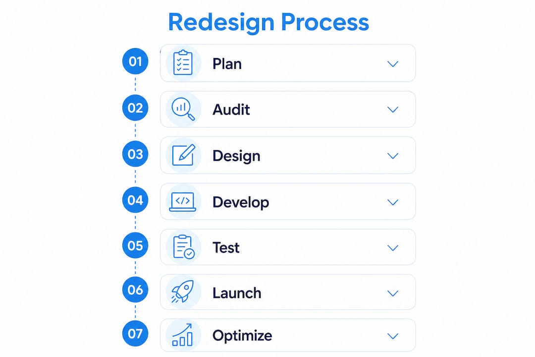 Infographic illustrating website redesign process steps