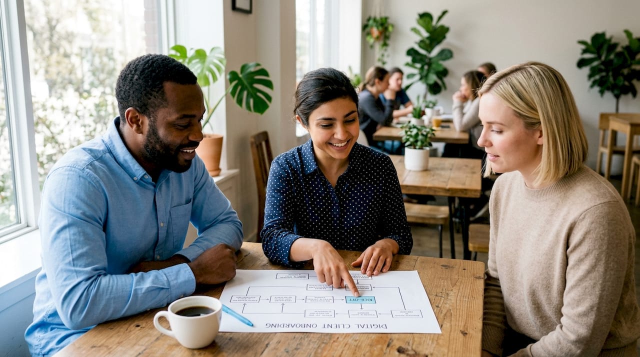 Business team reviewing client onboarding workflow map