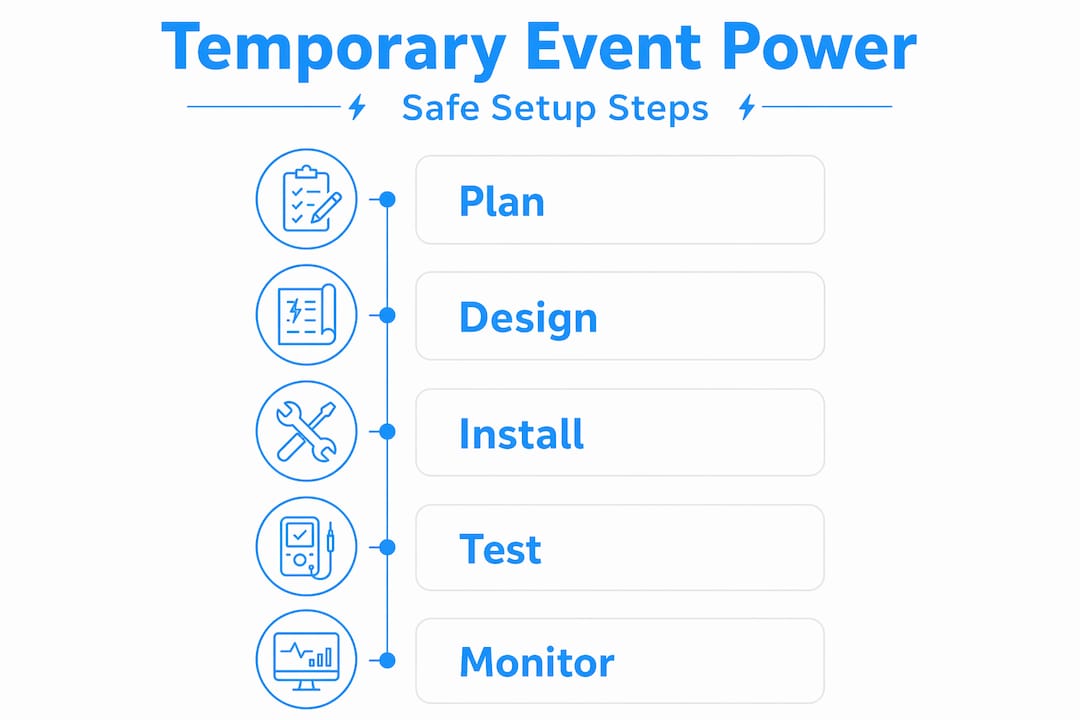 Infographic detailing steps for temporary event power setup