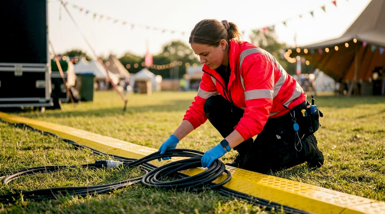 Close-up of technician laying event cables