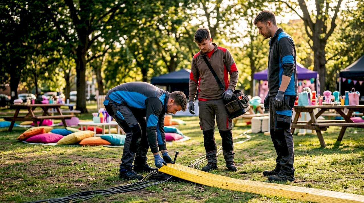 Team installing protective cable ramp outdoors