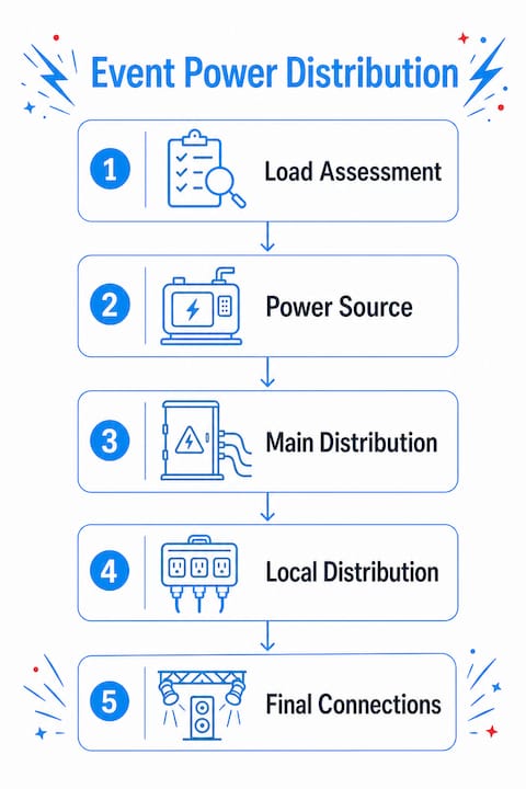 Infographic showing event power distribution stages with key points