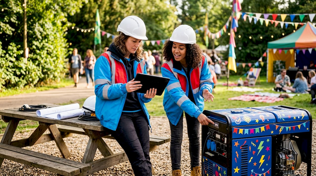 Power specialists planning event setup outdoors