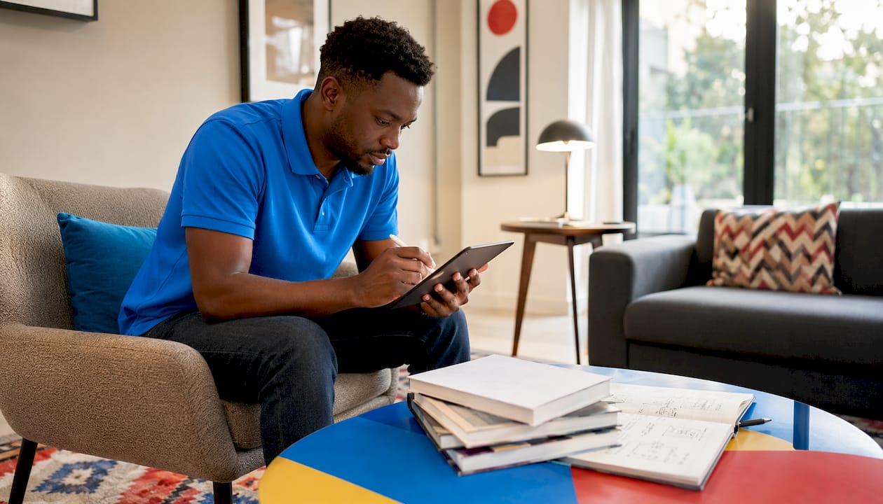 Man using digital tools for power calculations