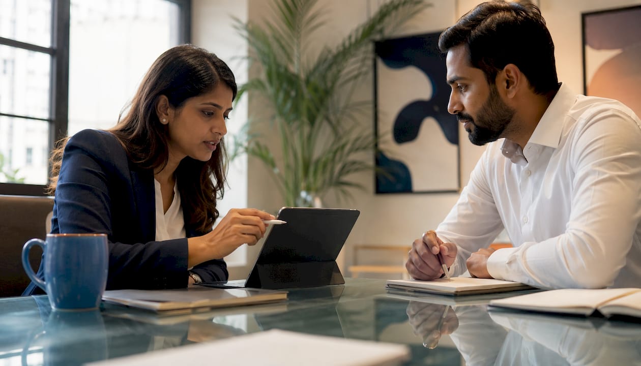 Two professionals collaborating on business objectives