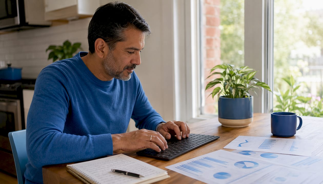 Hands typing with analytics reports on desk