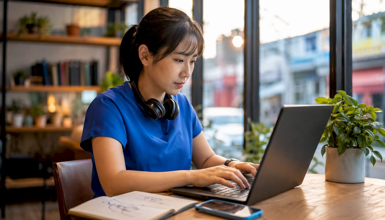 Live chat agent typing responses at coworking space