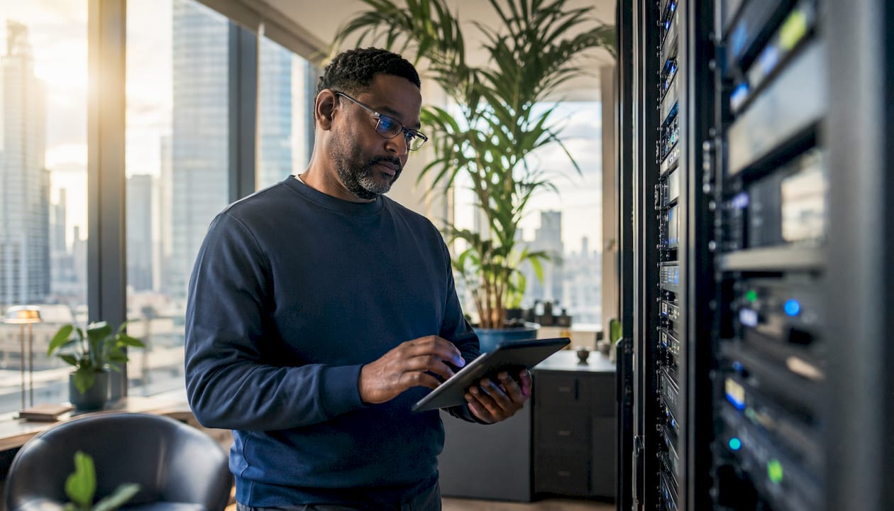 IT technician checking server status in data centre