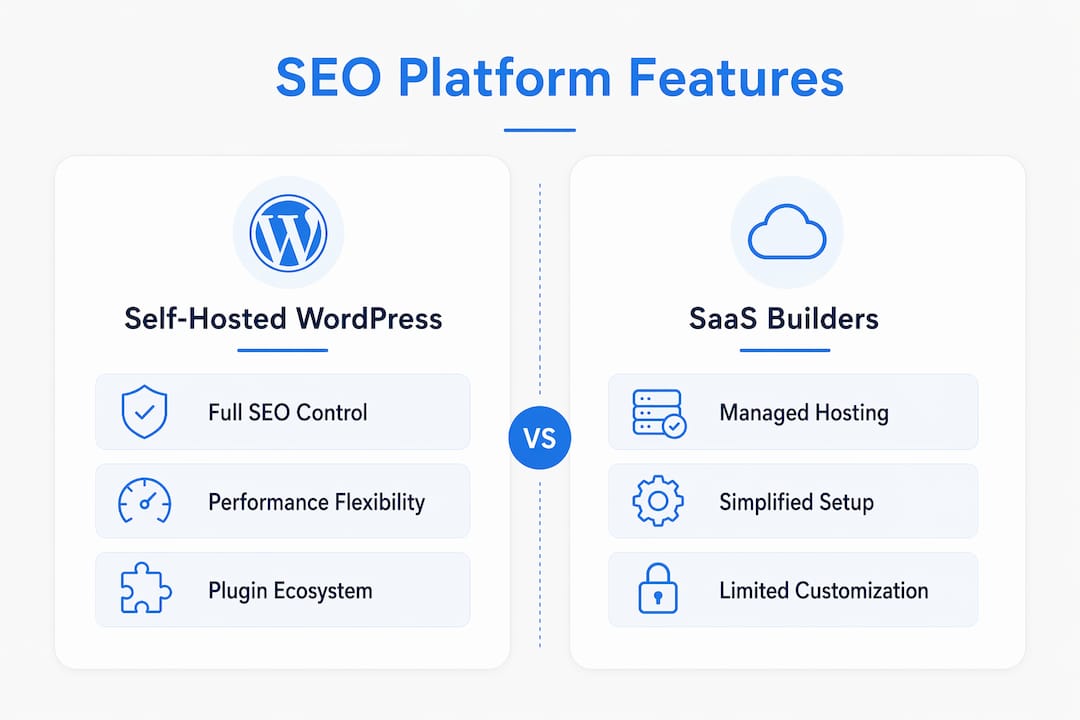 Infographic comparing SEO platforms self-hosted and SaaS