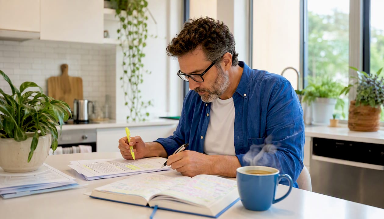 Writer reviewing blog drafts at home desk