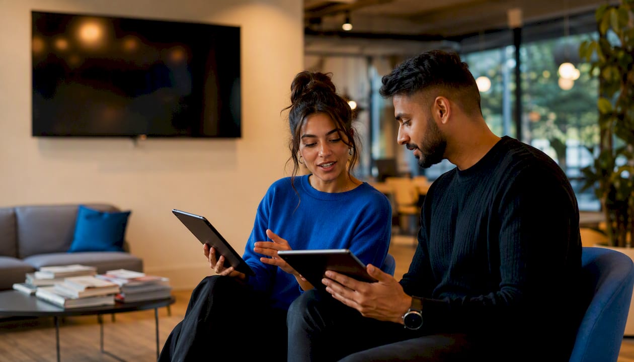 Team discussing portfolio layouts in modern office