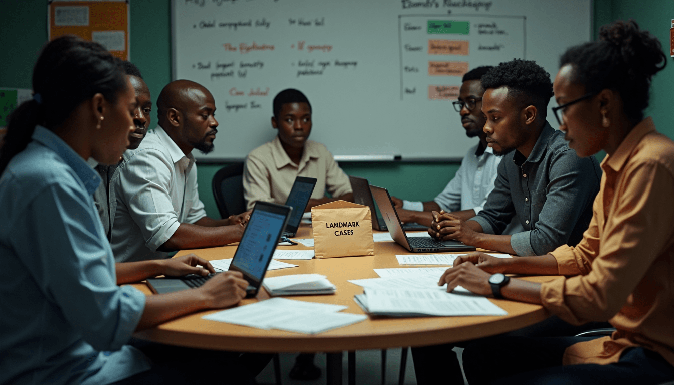 Nigerian journalists reviewing files labeled landmark cases of political corruption