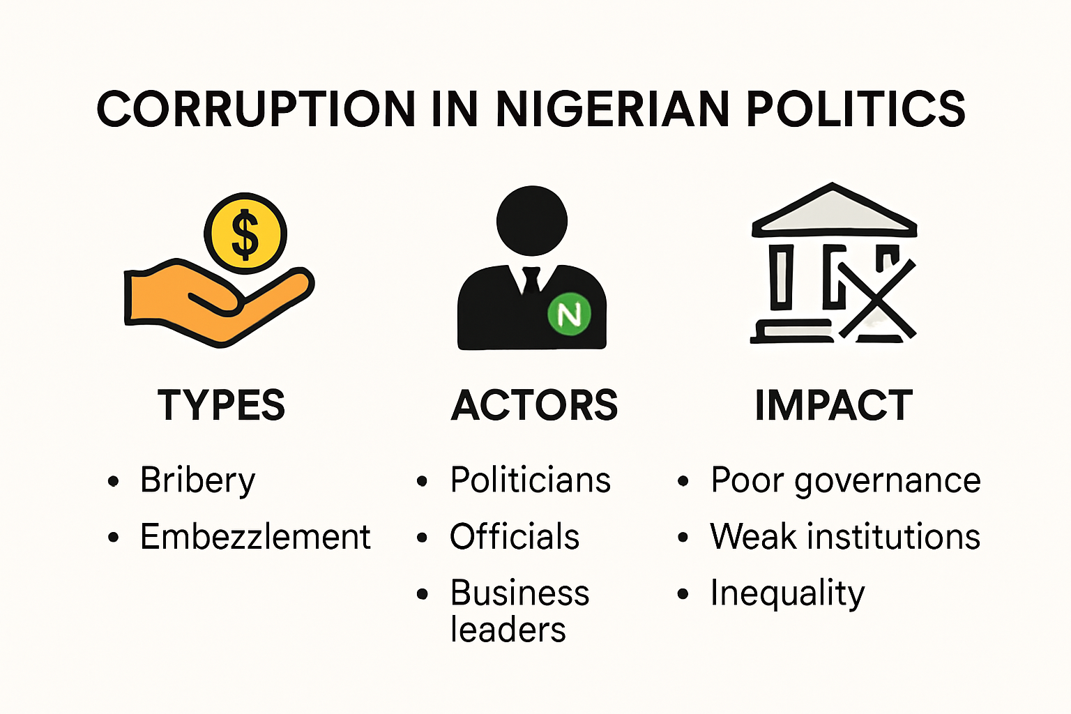 Infographic showing types and effects of corruption in Nigeria