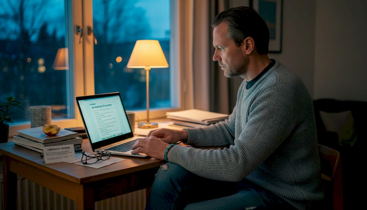Man sitter vid skrivbordet och läser på om olika behandlingsalternativ.