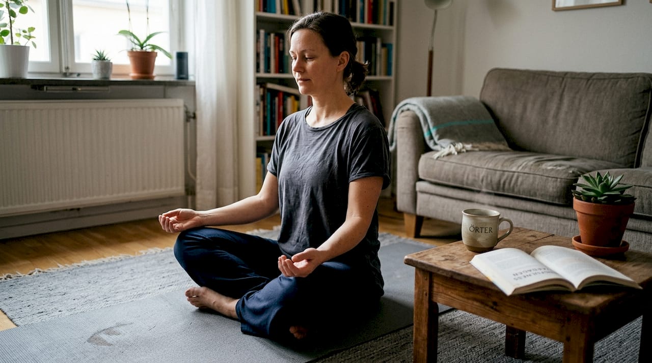 En kvinna sitter hemma och mediterar under sitt yogapass.