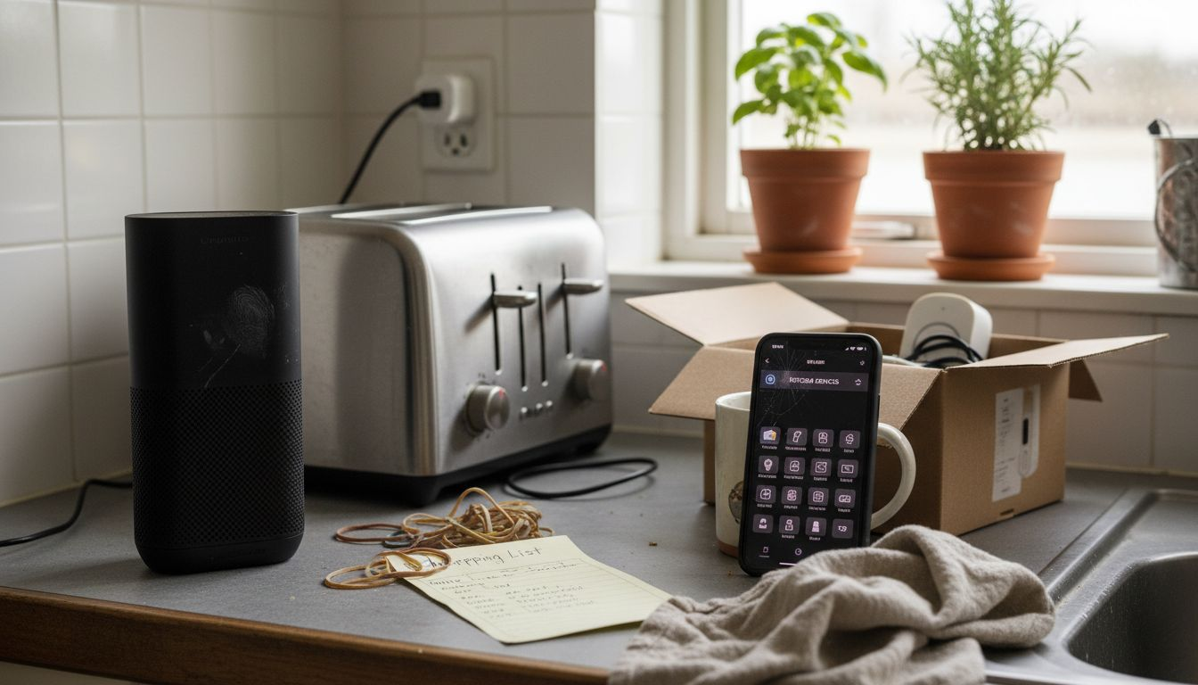 Assorted smart home devices on kitchen counter