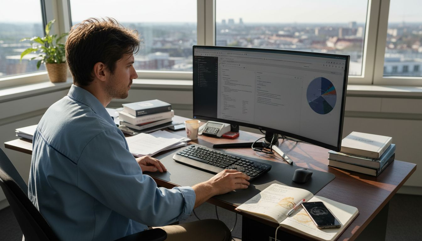 In einem lichtdurchfluteten Büro setzt ein junger Mann alles daran, die Online-Präsenz seines Unternehmens zu stärken.