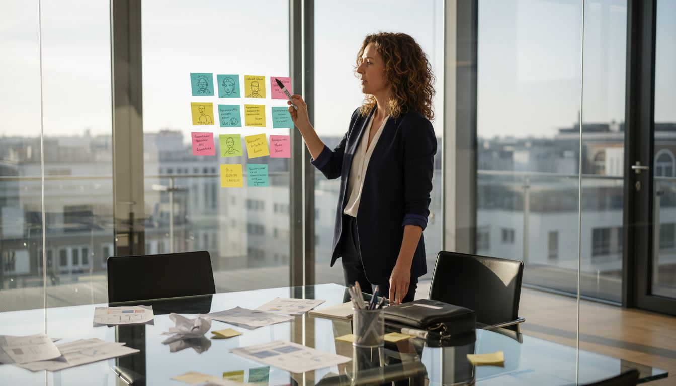 Eine Frau erläutert an einer Glaswand, wie man Zielgruppen analysiert.