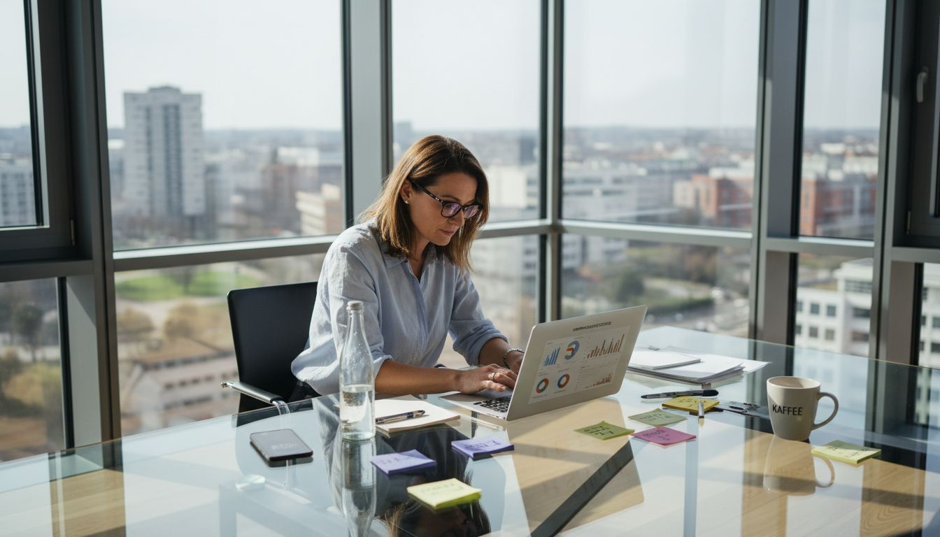 Ein Manager sitzt in seinem hellen Büro am Fenster und überprüft aufmerksam die neuesten Online-Werbekampagnen auf seinem Bildschirm.