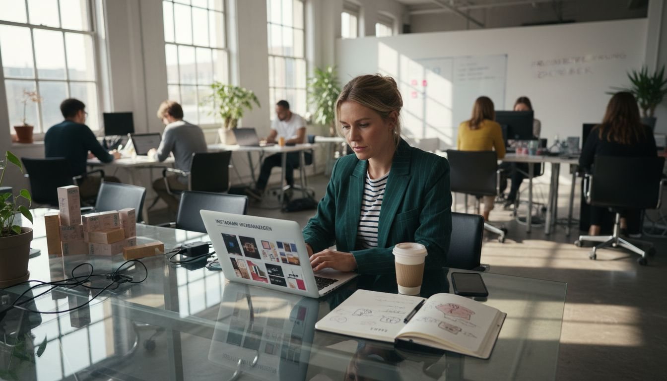 Der Marketingmanager prüft in der Agentur die aktuellen Instagram-Anzeigen und bewertet deren Performance.
