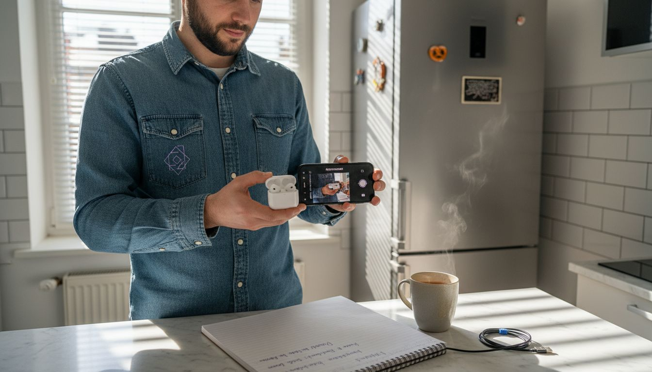 Ein Mann dreht zu Hause einen kurzen Werbespot für Elektronikprodukte.