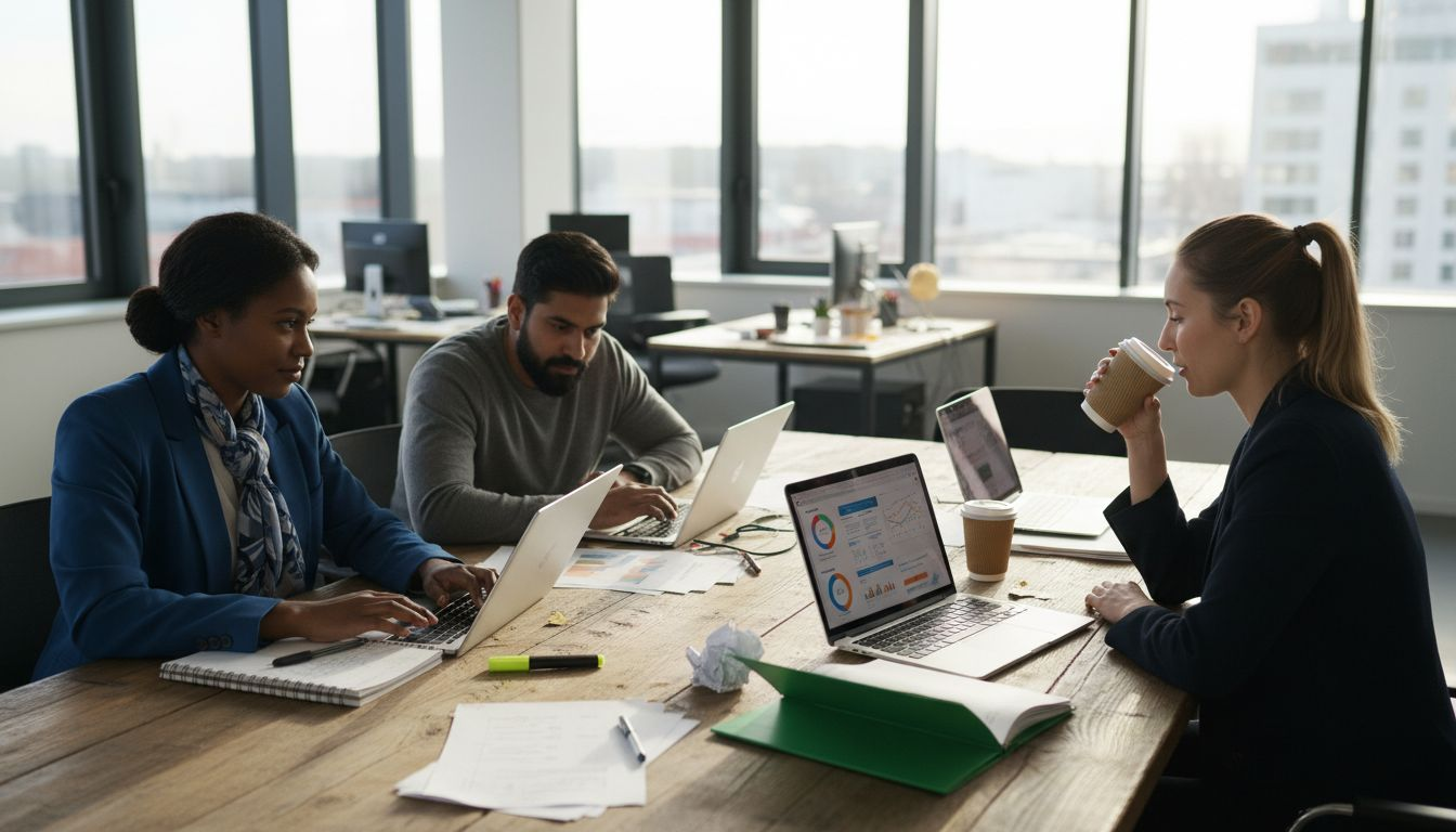 Das Marketing-Team tüftelt im Büro an einer neuen E-Commerce-Kampagne.