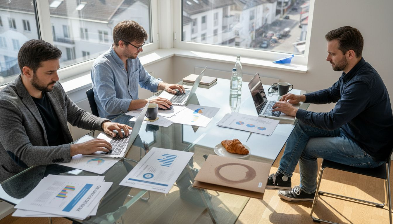 Marketing-Experten bei der Arbeit in einem lichtdurchfluteten Eckbüro