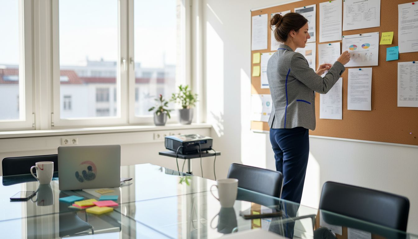 Eine Marketingmanagerin entwickelt im Eckbüro die Strategie für die nächste Kampagne.