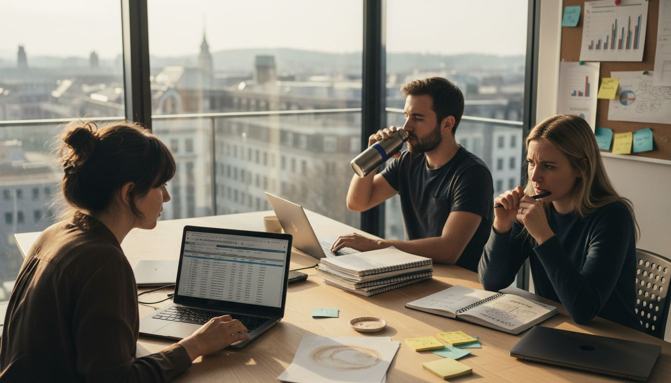 Schweizer Gründerinnen und Gründer sitzen am Schreibtisch in ihrem Eckbüro und arbeiten an neuen Ideen.