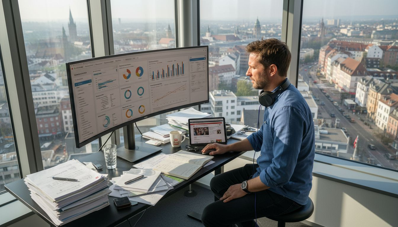 Ein Marketingmanager behält im Büro den Überblick über laufende Online-Kampagnen.