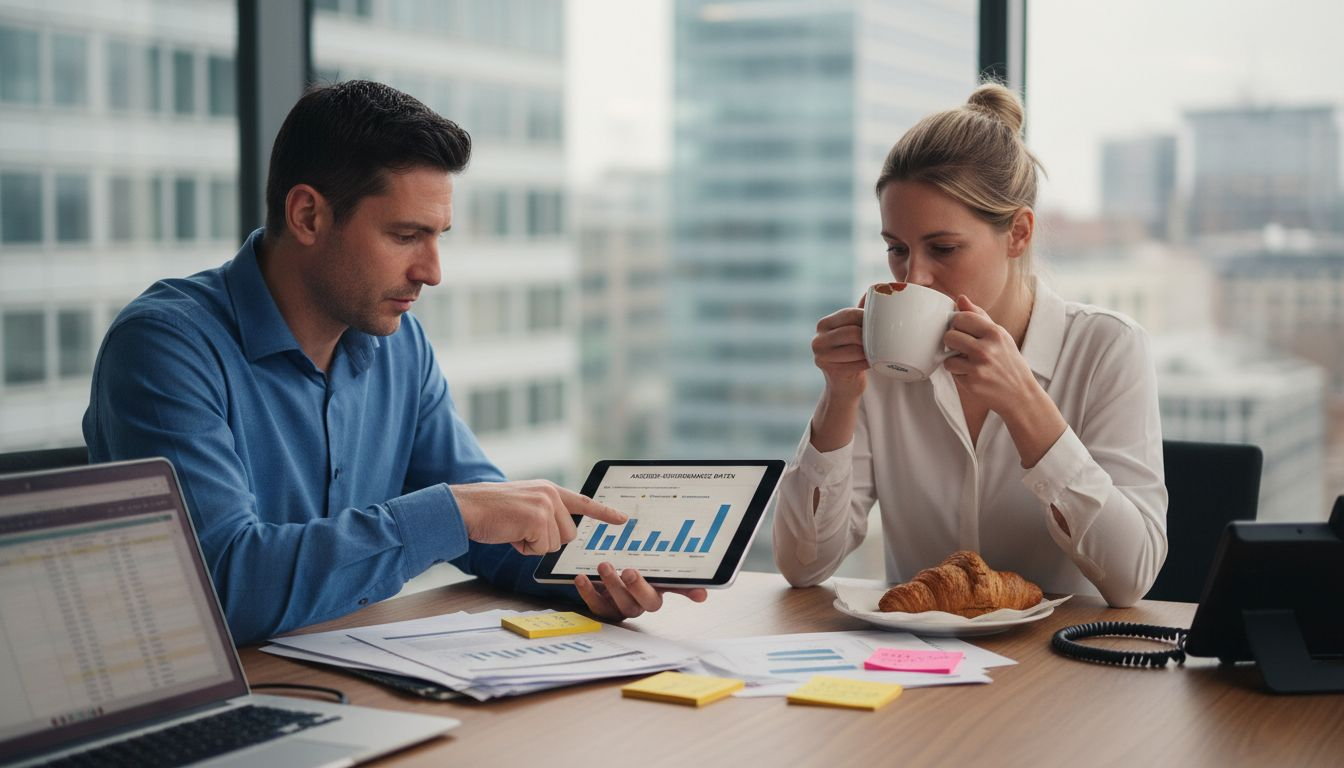 Das Team analysiert gemeinsam im Konferenzraum die aktuellen Marketingzahlen.