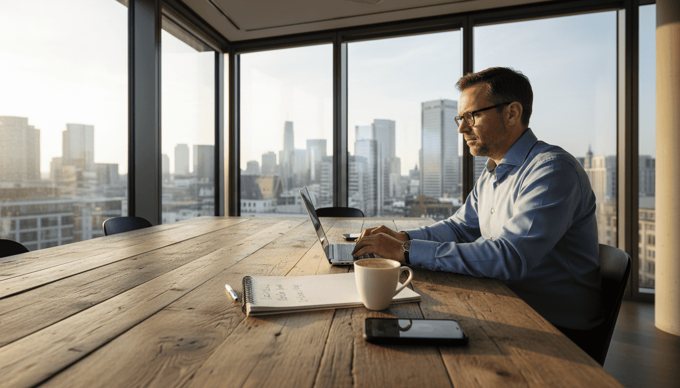 Ein Mann arbeitet konzentriert an seinem Laptop in einem modernen, digitalen Arbeitsumfeld.