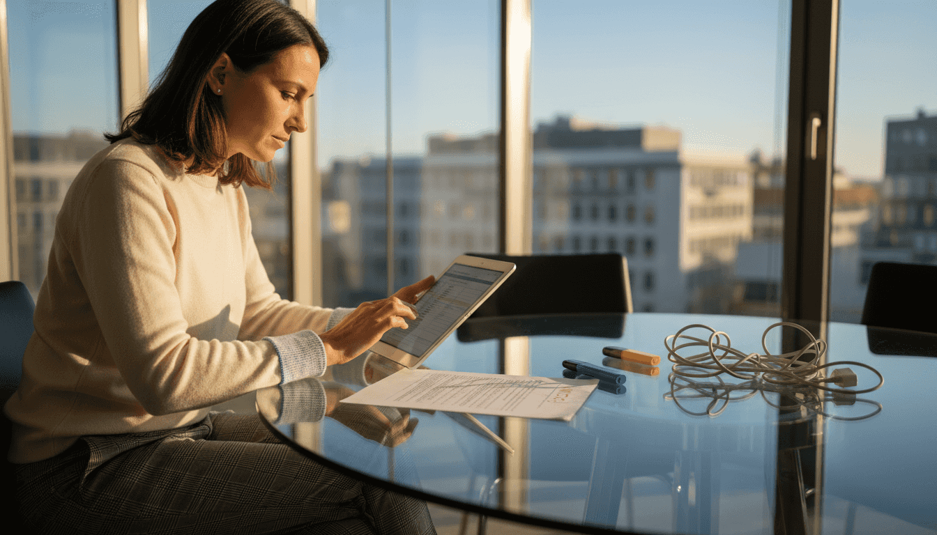 Eine Geschäftsfrau prüft im Meeting mit ihrem Tablet die aktuelle Markenstrategie.