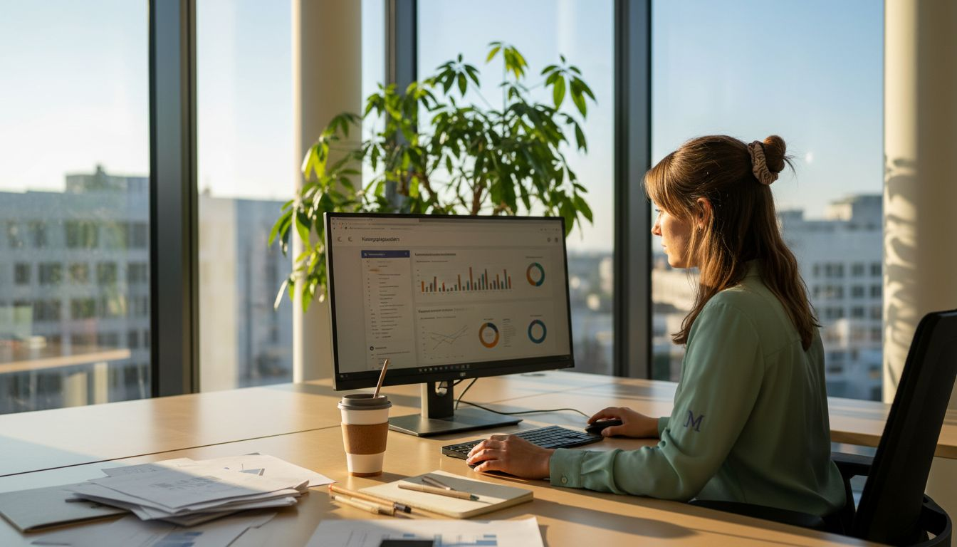 Marketingexperte mit Schwerpunkt auf Nachhaltigkeit im modernen Büroalltag