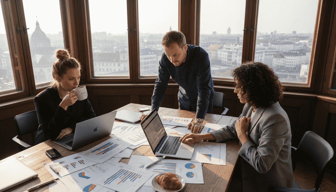 Das E-Commerce-Team bespricht die nächsten Schritte im Besprechungsraum mit Blick über die Stadt.