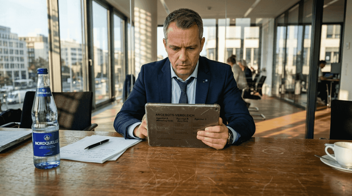 Eine Person prüft auf ihrem Tablet die Preise verschiedener Agenturen und vergleicht die Angebote.