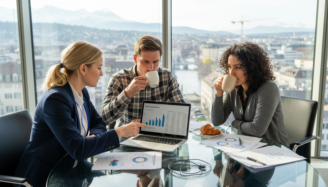 Schweizer Marketing-Profis besprechen ihre aktuelle Kampagne im Büro und tauschen sich über die Ergebnisse aus.