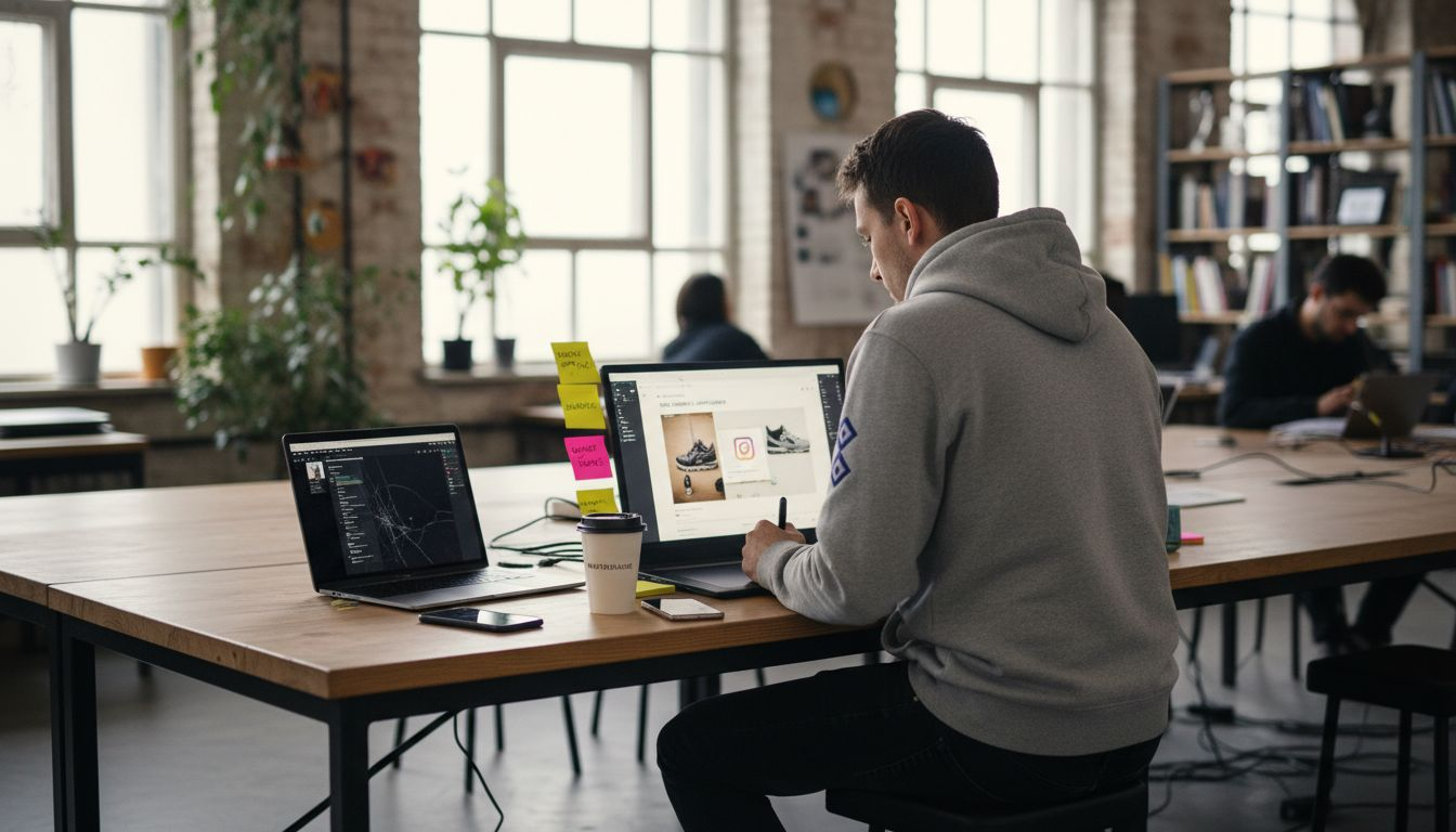Ein Designer arbeitet am Schreibtisch im Büro und gestaltet eine Instagram-Anzeige.