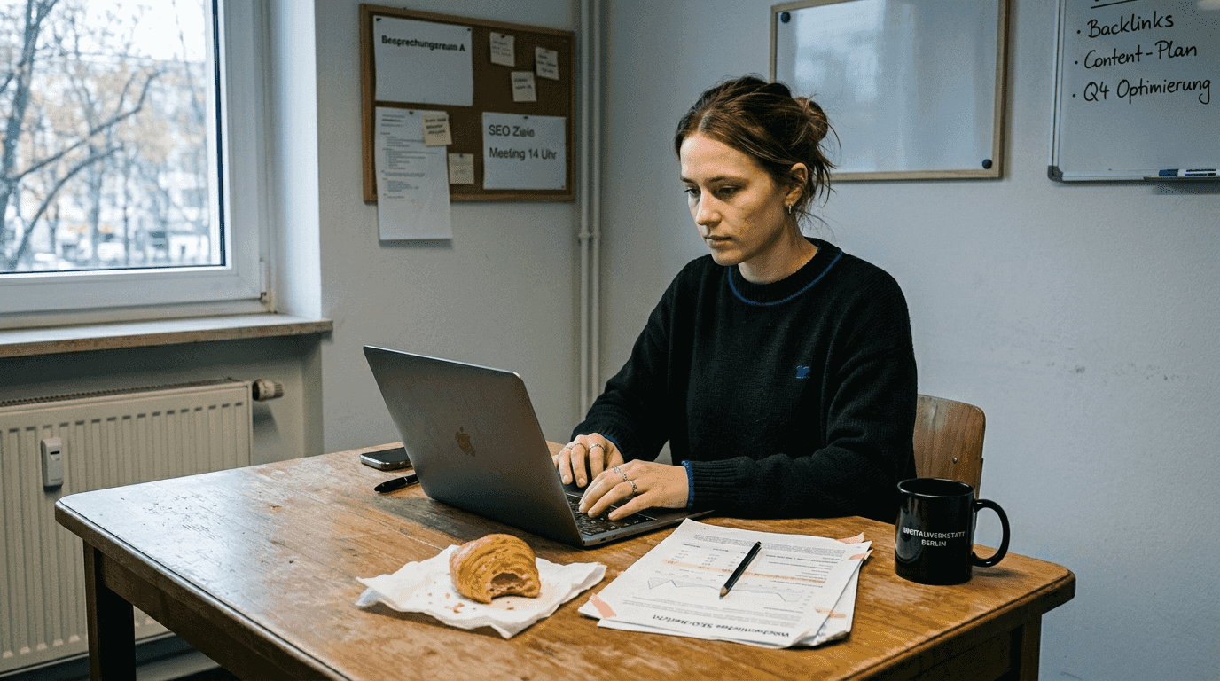 Eine Frau analysiert SEO-Daten am Laptop und genießt dabei ein Croissant.