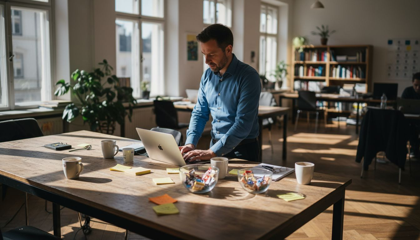 Ein Mitarbeiter einer Agentur sitzt am Laptop, hat Schokolade zur Hand und arbeitet mit Notizzetteln.