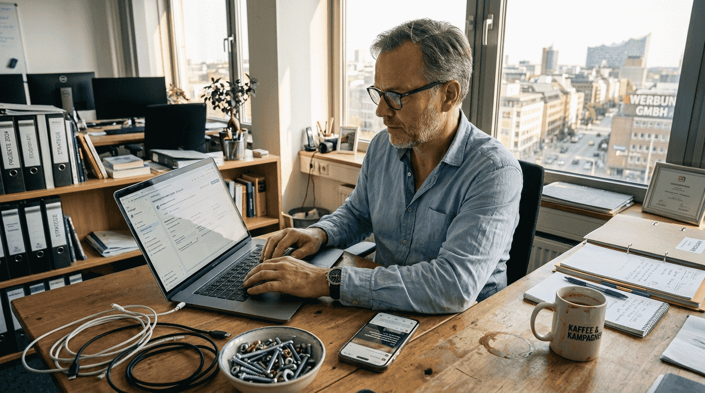 Ein Manager richtet den Arbeitsbereich für eine Instagram-Werbekampagne ein.